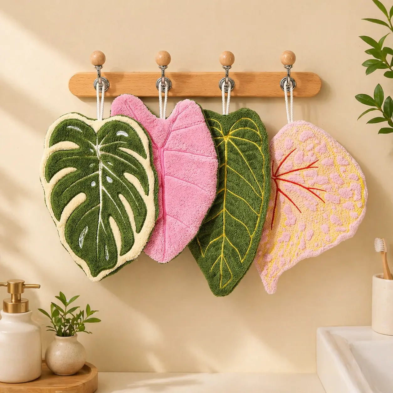 4PCS Hanging Botanical Prints Coral Fleece Tea Towels - Thick Double-Layer, Absorbent, Quick-Dry, Loop-Equipped Cleaning Cloths for Kitchen Dishwashing, Bathroom Use, Plants-Themed, Machine Washable, Hanging Design, Kitchen Decor