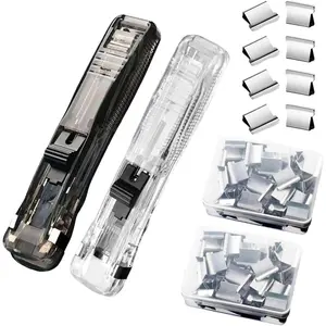2 Pcs Handheld Reusable Creative Stapler Push Stapler Clips Paper Clamp Dispenser 40 Sheet Capacity with 100 Stainless Steel Refill Binder Clips for Office Document School Supplies