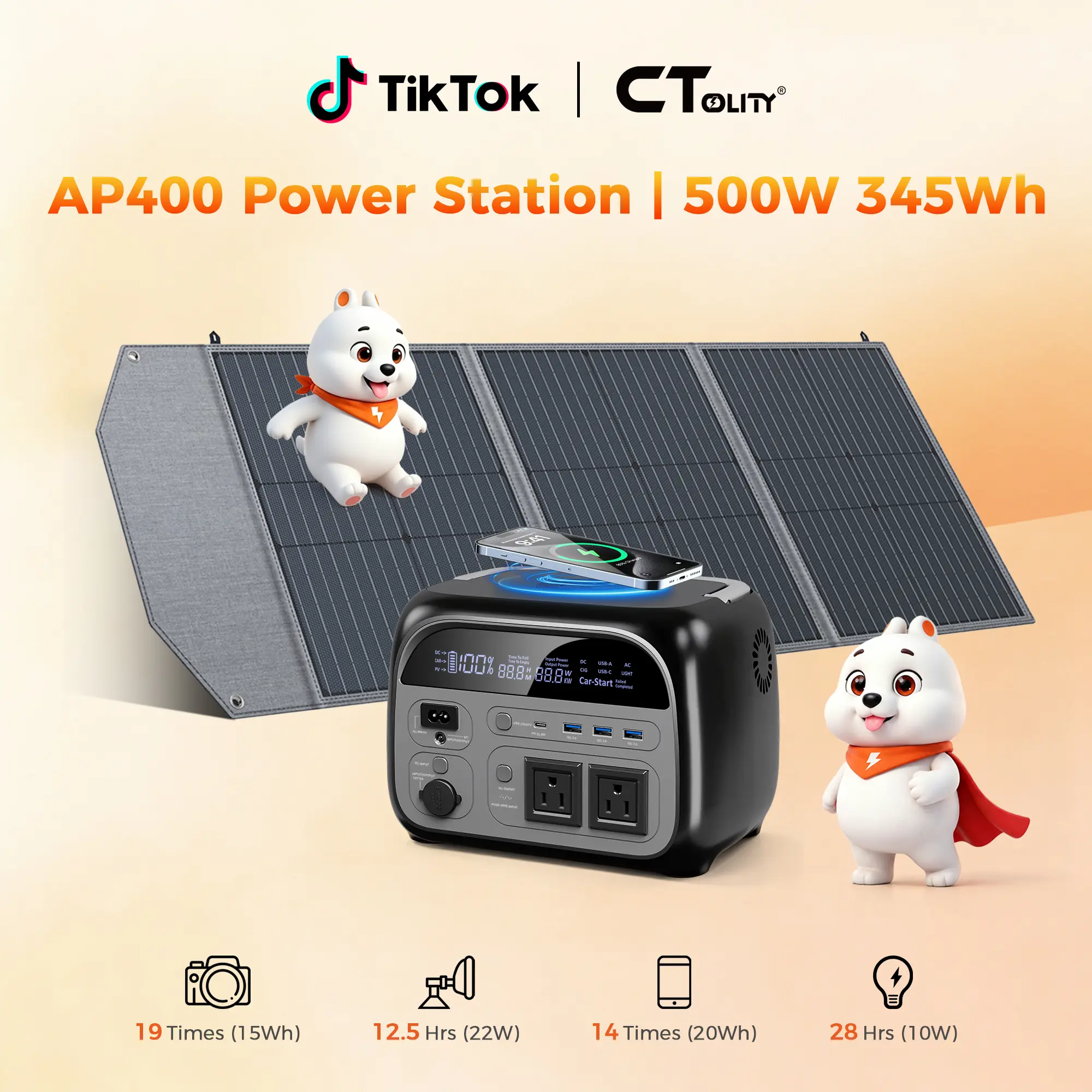 [Techvibes Toolupgrade][Camping Essentials 2026/Camping Gear] Ctolity 500W 345wh Portable Power Station 100W ETFE Solar Panel 23.7% Efficiency Solar Generator LiFePO4 Battery Portable Charger Bank Outdoor [Power Outage Survival], TikTokShopFallDealsForYou