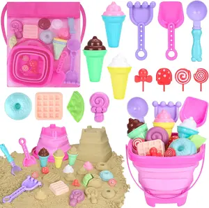 Collapsible Beach Toys Set for Kids Toddlers Ages 3-10 – Sand Bucket & Shovel Set with Molds, Mesh Bag, Travel-Friendly Ice Cream Sand Toys for Beach & Sandbox