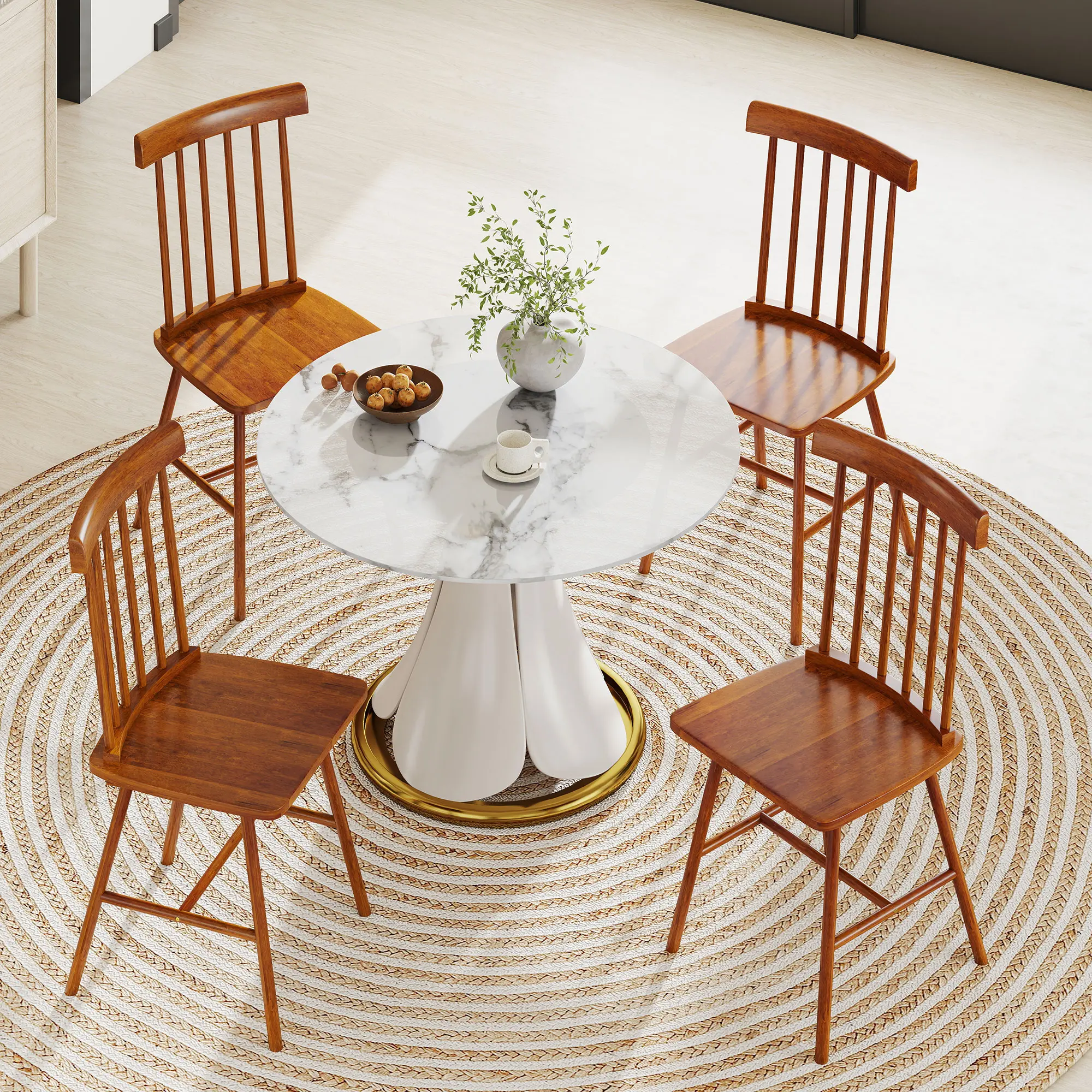 HOMCOM Windsor Dining Chairs Set of 4, Farmhouse Wooden Kitchen Chairs with Rubber Wood Frame and Spindle Backrest for Dining & Living Room, Light Brown