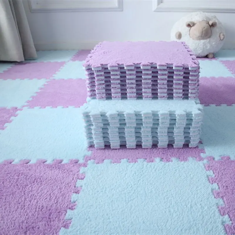 24PCS Creative Interlocking Foam Carpet, Plush Square Foam Tiles with Edging and Anti-slip Properties, Soft Plush Design, Purple and Blue, Suitable for Room Decoration