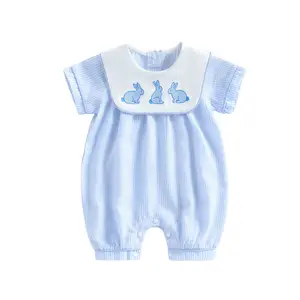Baby Boy Easter Romper Short Sleeve Bunny Embroidery Sailor Collar Jumpsuit Newborn Playsuit