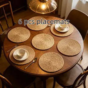 6-piece set of 30cm hand-woven natural water hyacinth placemats, round, rustic-style, heat-resistant, eco-friendly, and non-slip mats, suitable for farmhouse and bohemian-style restaurant decor, Kitchen Decorative Placemat, Dining Table Mats