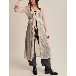 Women Tie Front Cardigan Casual Lightweight Floral Lace Ruffles Long Duster for Streetwear Aesthetic Clothes