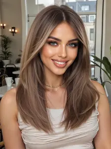 Medium Length Wavy Wig for Women with Bangs, Gorgeous Full Synthetic Hair for Parties and Daily Use, Perfect for All Seasons, Synthetic Material Wigs