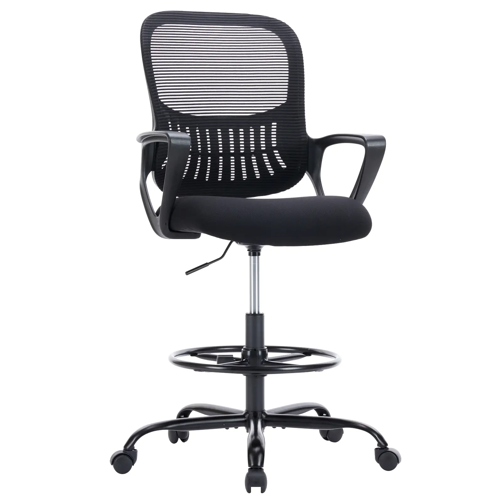Ergonomic Black Tall Drafting Chair - Height Adjustable Office Stool for Standing Desk or Counter with Lumbar Support, Fixed Armrests & Footrest, Comfortable Rolling Swivel Task Chair