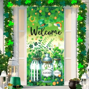 St Patricks Day Door Cover Decorations St. Patrick's Day Welcome Door Banner Green Shamrock Jar Porch Sign Banner Fabric Saint Patricks Day Front Door Banner for St. Patricks Day Party Home Supplies Yard Sign Banner
