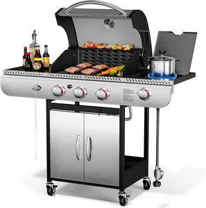 Natural Gas Barbecue Grill, 4 Wheels, 3+1 Burner Cart Style Liquid BBQ Grill, Stainless Steel Enamel Cooking Grill Traditional Oil Rack