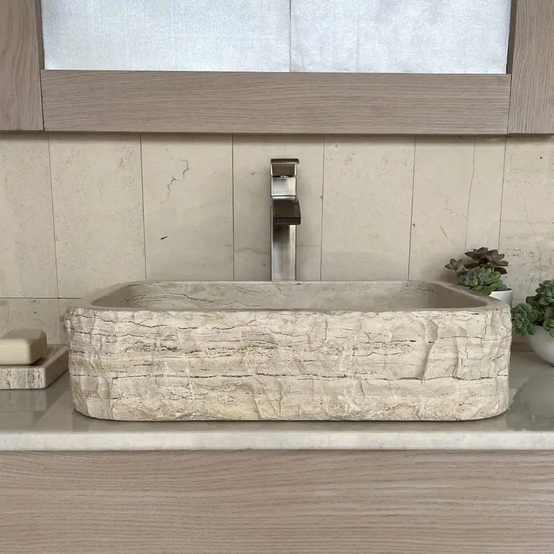 Rectangle Travertine Vessel Sink - Modern Rustic Chiseled Bathroom Sink with Hand-Carved Real Stone Basin & Free Matching Tray