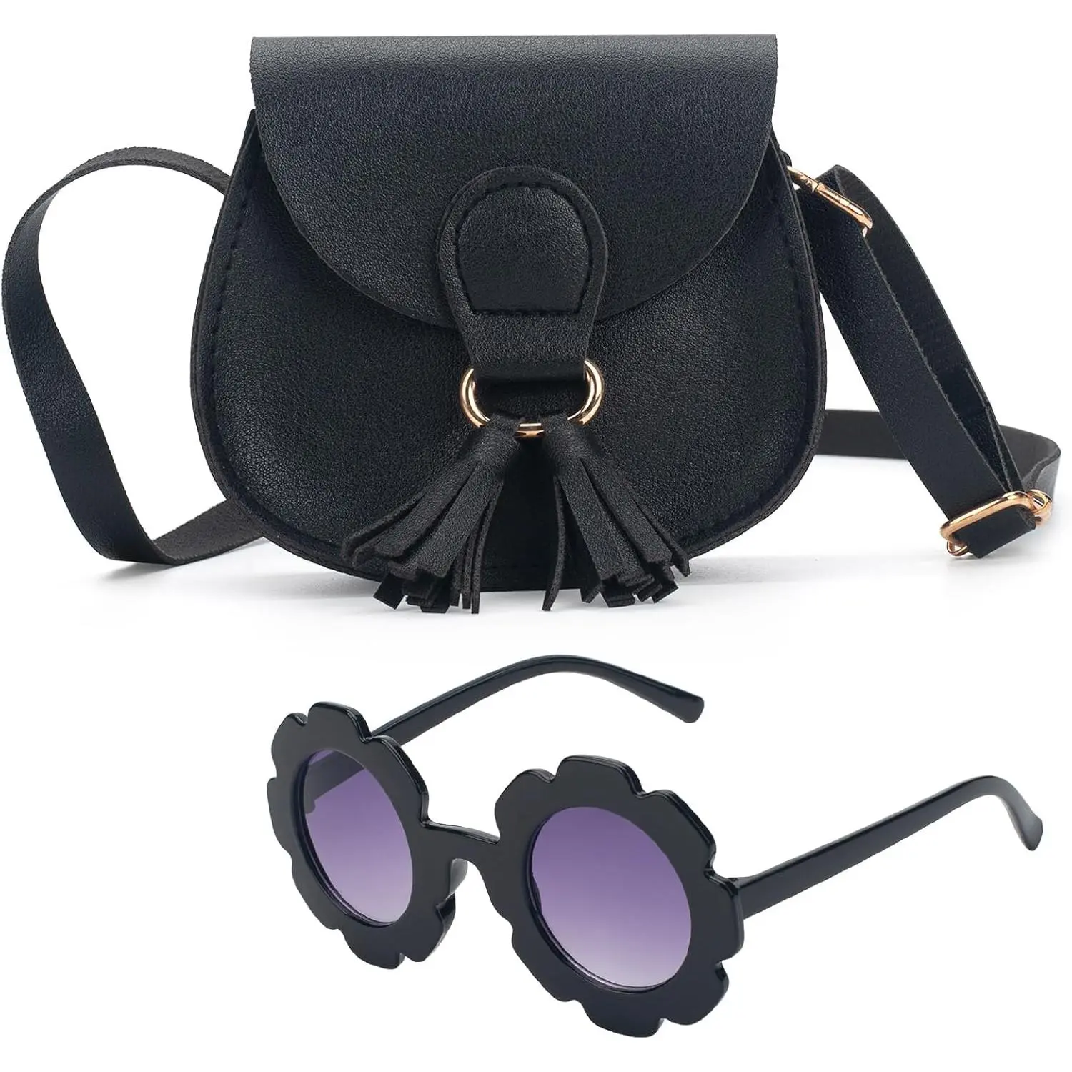 Preppy Faux Leather Purse Set with Buckle & Sunglasses for Little Girls, Toddler Crossbody Shoulder Bag with Tassel, Birthday Gift, Chic, Minimalist, Waterproof, Basic, Plain, 6 - 7 Years, Adjustable Strap, Anti-Theft, Dustproof, Soft Strap, Thanksgiving,