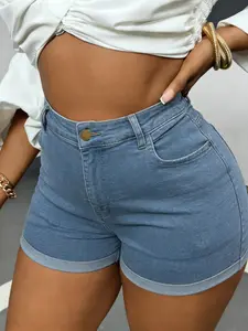 1 Pack Women's Plus Size High Waist Denim Shorts, Casual Summer Streetwear High Stretch Butt Lifting Tummy Control Rolled Hem Shorts with Deep Pockets for Curvy Black Women, Ideal for Daily Wear Vacation Beach Party Outdoor Activities
