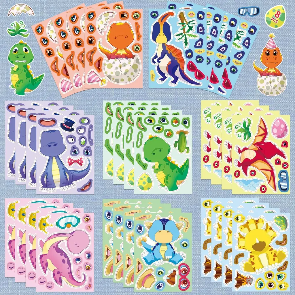 8PCS Dinosaur Puzzle Stickers - Educational Creative Parent-Child Interactive Original Cartoon "Make a Face" Decals for Notebook Stickers for Scrapbooking reforgedglory