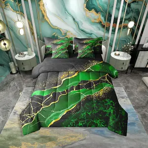 Marbling Comforter Set,Fluid Bed in A Bag,7 Pieces Aesthetic Art Shiny Galaxy Abstract Golden Bed Set,Black Dark Green Bedding