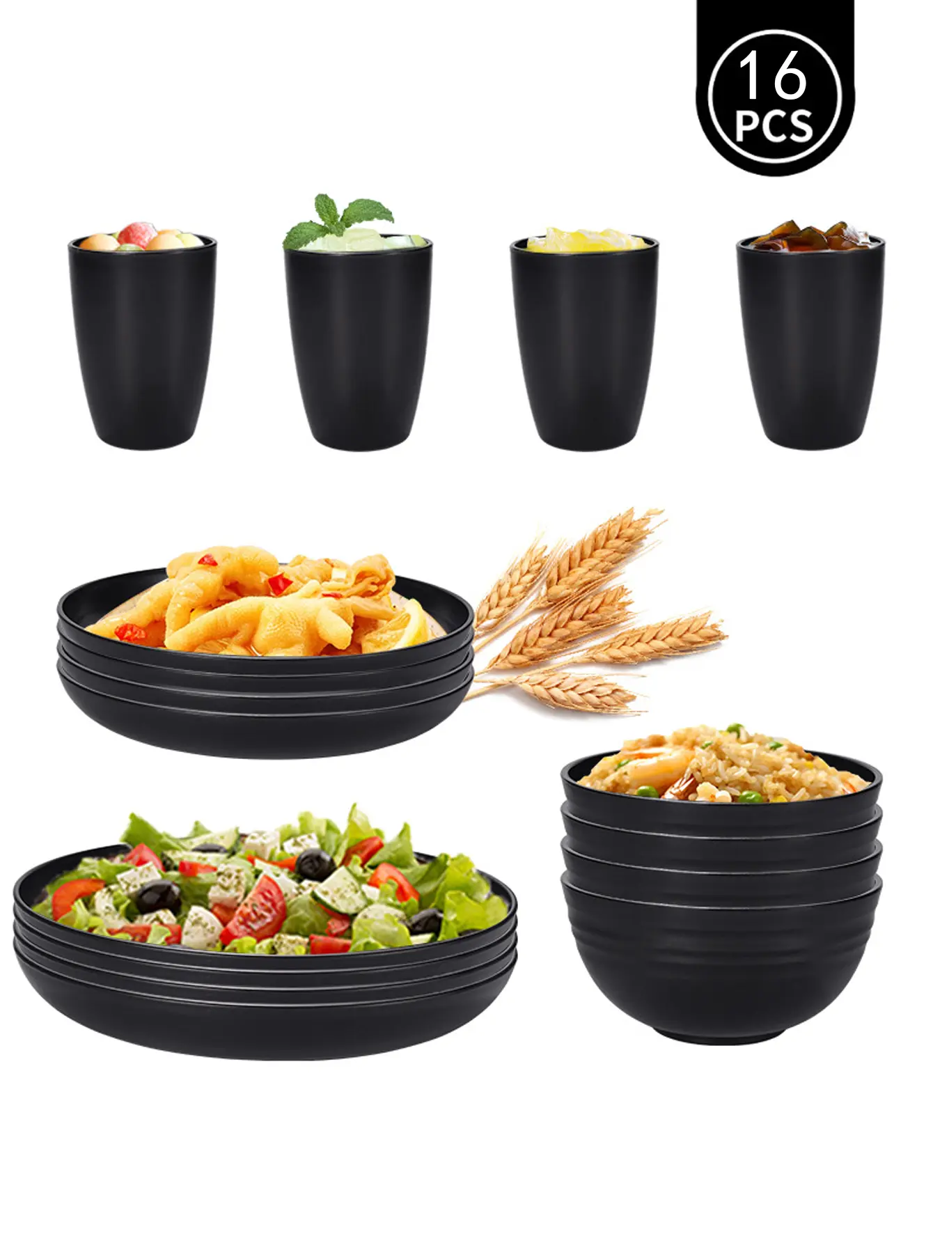 16-Piece Wheat Straw Tableware Set - Bundled Dinner Sets with Reusable, Durable, Shatterproof Black Plastic Plates, Bowls, Cups & Cutlery - Microwave Safe, Dishwasher Safe, Picnic-Ready for Camping & Family Meals, Microwave Safe Dinner Sets