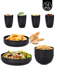 16-Piece Wheat Straw Dinnerware Set - Reusable, Durable, Shatterproof Black Plastic Plates, Bowls, Cups & Cutlery - Microwave & Dishwasher Safe for Picnics, Camping & Family Meals