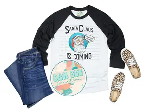 Santa Is Coming That's What She Said Red or Black Sleeve Raglan Baseball T-Shirt / Direct-to-Film design / Next Level Funny Christmas Shirt