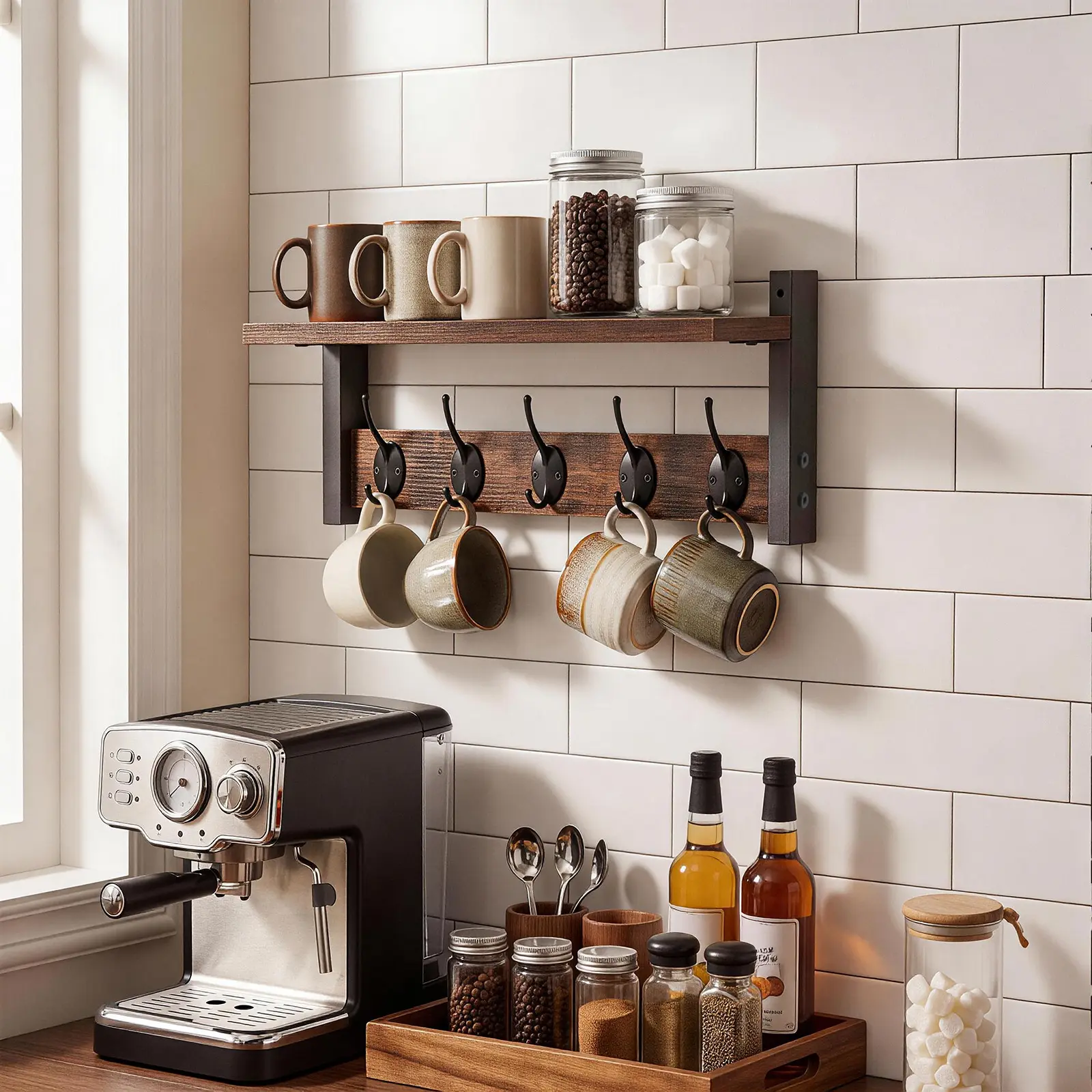 Wall-Mounted Kitchen Shelf with 5 Metal Hooks – Rustic Brown Dish & Utensil Storage Rack for Plates, Cups, Towels & Cooking Tools