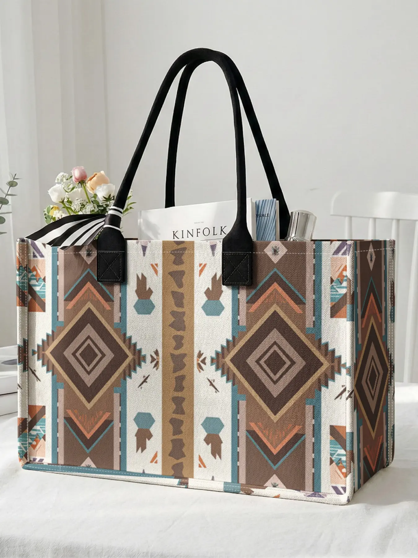 1 piece of geometric ethnic pattern 2D printed large capacity storage bag, sturdy handle, space-saving multi-purpose, suitable for use at school, on business trips, Casual Shopping Bag, Reusable Bags, Shopping Basket Bag