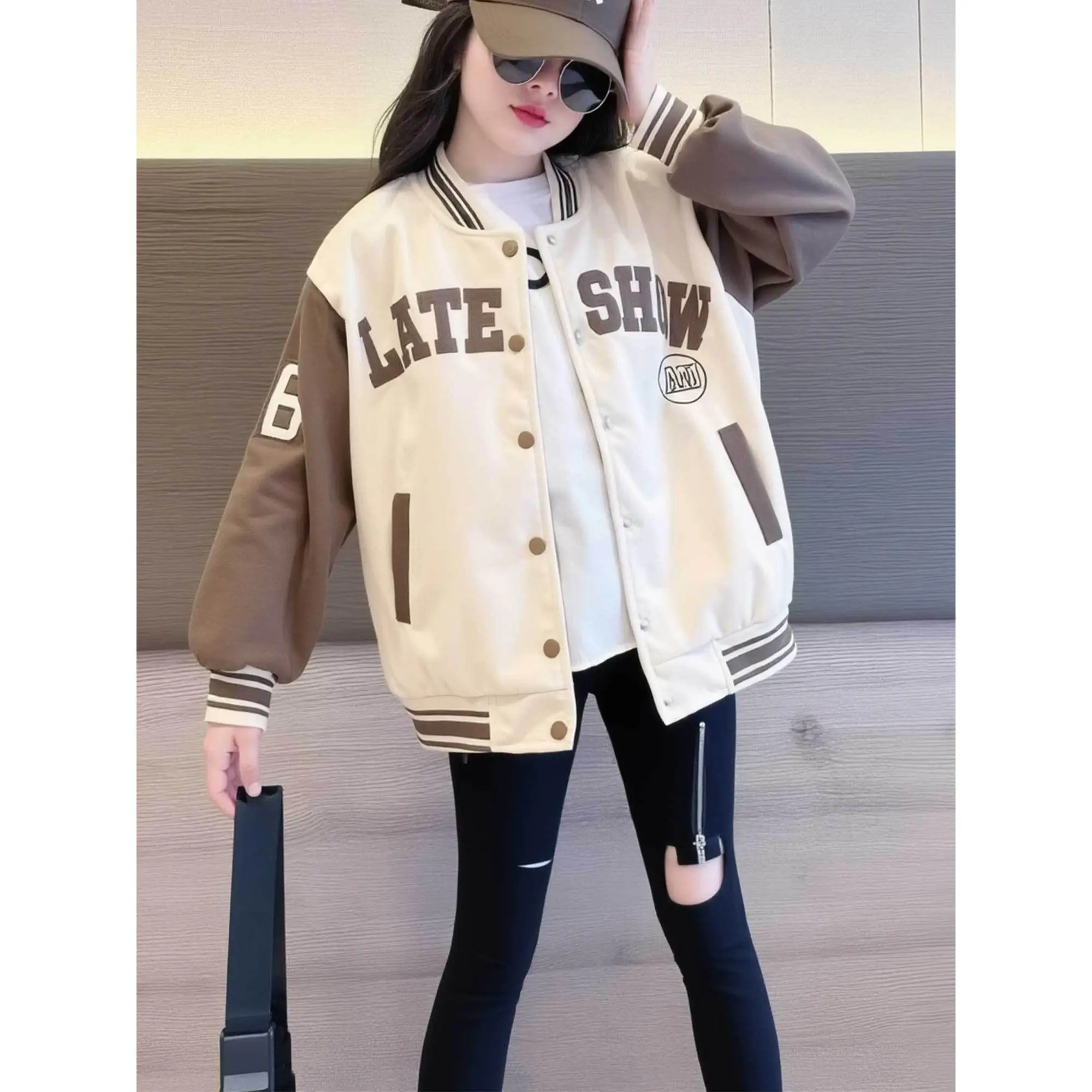 Cool Girls Varsity Jacket Spring Fall, Trendy Stand Collar Baseball Coat, Stylish Casual Outerwear for Teen Girls 8-12 Years School Daily Wear