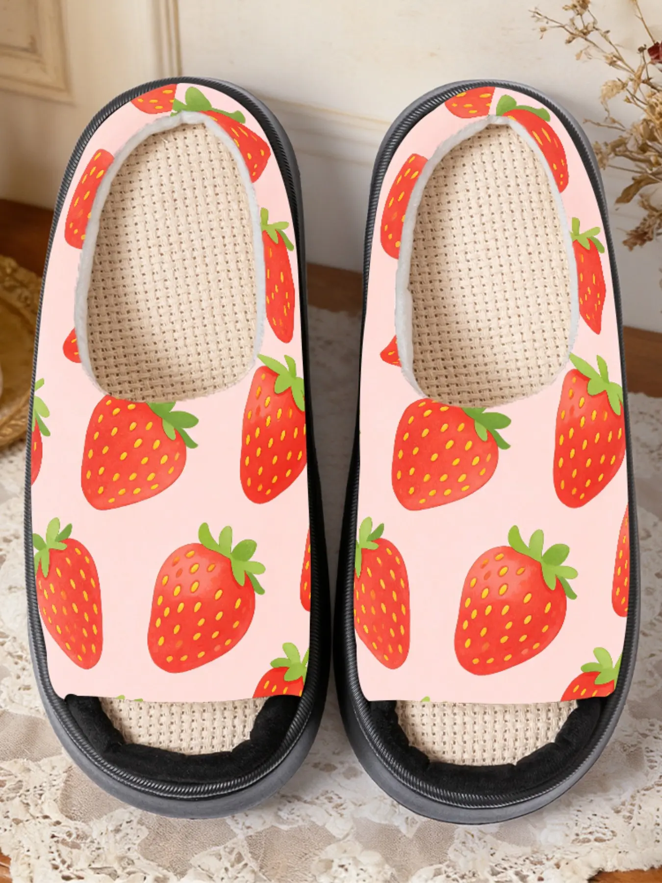 Sweet Strawberry Print Linen Open-Toe Sandals, Casual Textile Eva Sole, Less Than Ankle Height, All Seasons Cartoon Pattern