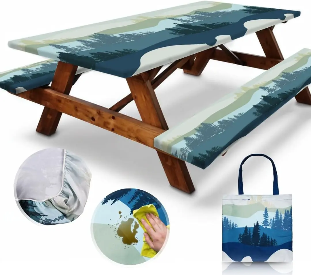 RNOONY Stretch Tablecloth with Bench Covers & Carrying Bag - Waterproof Polyester Picnic Table Cover Set for Outdoor Patio Furniture - 72"x30" Fitted Tablecloth with Elastic All Around - Machine Washable & Durable Design