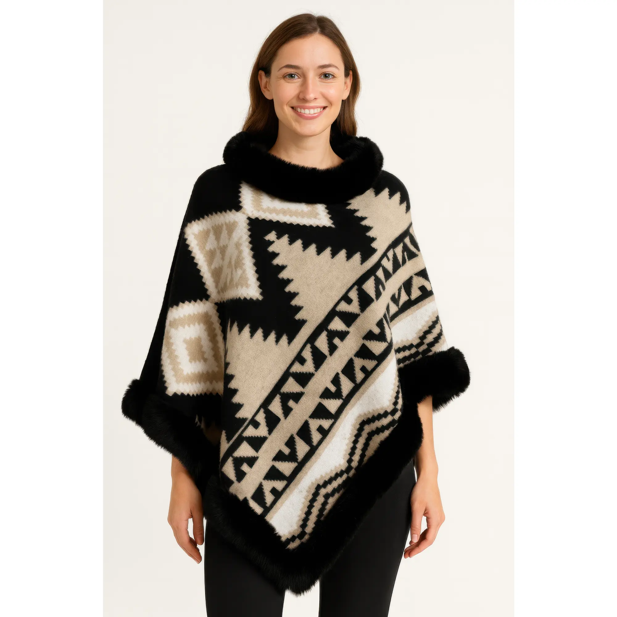 Tribal Luxe Faux Fur Trim Poncho