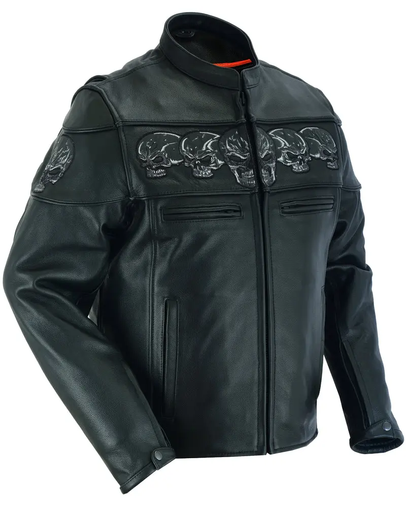 DANIEL SMART Men's Ironclad Cowhide Leather Biker Jacket with Stripe Detail, Reflective Skull, Thermal Liner & Concealed Carry Pockets, Tops, Menswear, Coats, Zipper, Mock Neck, Soft, Action Back