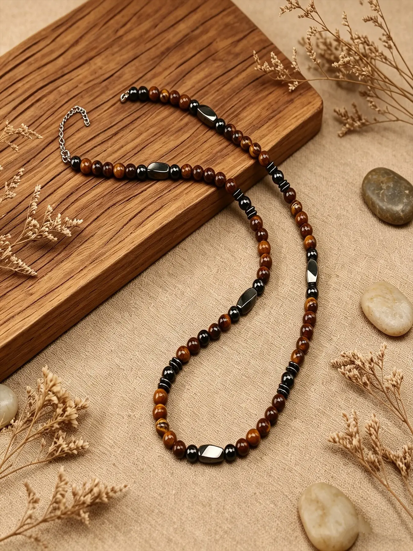 Vintage Cool 6mm Tiger Eye Hematite Beaded Choker Necklace, Unisex Everyday Wear Jewelry, Perfect Gift for Men and Women, Gemstone Beaded Necklace