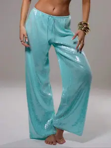 Breezy Lane Women's Solid Color Sequined Sparkle Wide Leg Pants - with Adjustable Drawstring, Casual Drawstring Waist, Casual Summer Fit, Long Trousers for Party Beach Vacation, Comfy Loose Pants