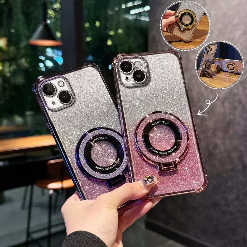 Suitable for [iPhone 13] high-end phone case🥰,Electroplated Luxury Sparkly Glitter Phone Case with Ring Stand Holder 4-Corner Shockproof Camera Protective Cover 952
