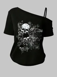 Y2K Gothic Skull Graphic Tee, Asymmetrical Shoulder Design, Loose Fit Streetwear, Summer Single Wear & Spring Layering
