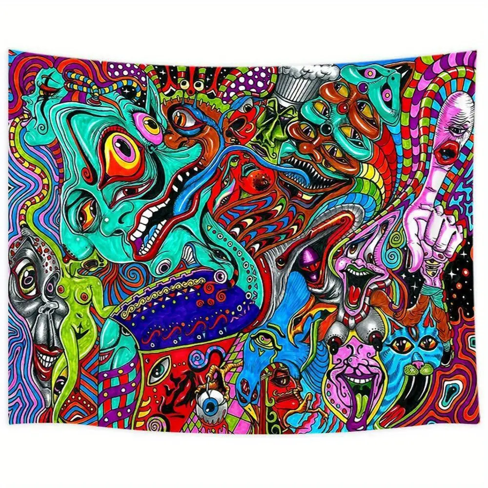 60x40 in Extra Large Colorful Psychedelic Fabric Monster Tapestry Wall Hanging - Bohemian Style Hippie Home Decor, Whimsical Wall Art, Brightening Home Supplies Gift, Decoration Item, Bohemian Tapestry Style