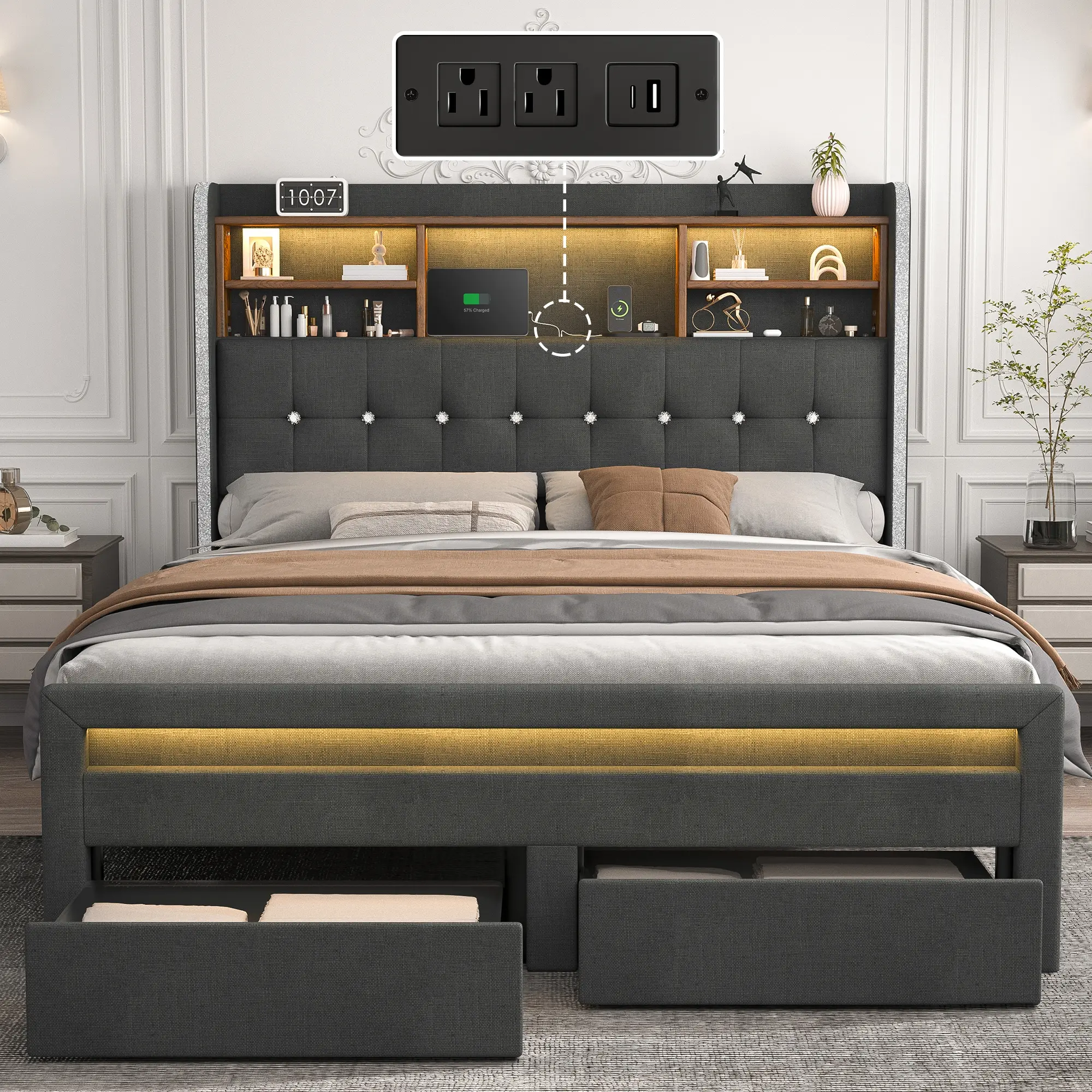 [Deals for You Days] SIBEDS 52" Ultra-High LED Bed Frame with Bookcase Storage Headboard & Charging Station, Crystal Button Tufted Wingback Upholstered Wood Platform Bed with 2 Drawers, Dark Grey Bedroom Furniture