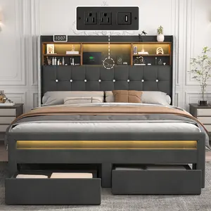 Sibeds Wood Platform Bed Frame with Bookcase Storage Headboard and 2 Drawers, 52" Ultra-High LED Bedframe with Charging Station, Linen Upholstered Crystal Button Tufted Wingback Beds with Footboard, Dark Grey Bedroom Furniture