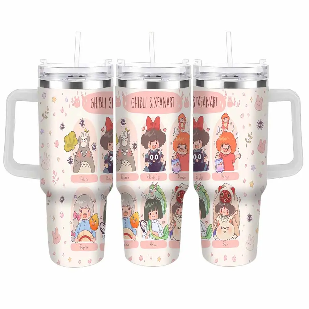 Ghibli Style Cartoon Characters Art Print Car Tumbler (40oz/30oz) Cute Pastel Illustration Pattern Double Wall Stainless Steel Insulated Travel Mug Gift for Office Home Outdoor Picnic Party Coffee Lovers
