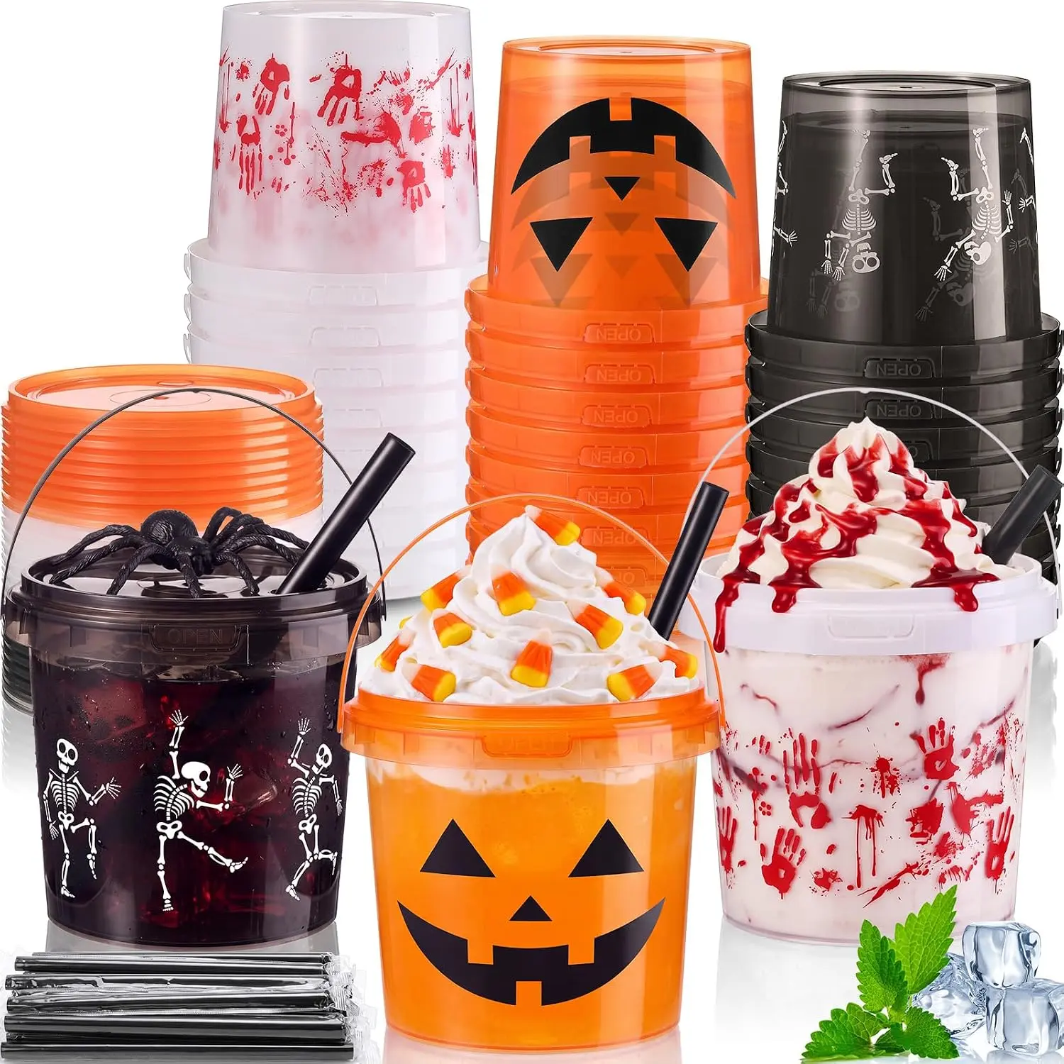 Halloween Fall Gift 24 Pcs 34 oz summer Halloween Drink Buckets | Plastic, Jack O Pumpkin, Ghost, Skeleton, with Handle Lids and Straws, Goth Party Favor, for Cold Beverage, Cocktail, Snack