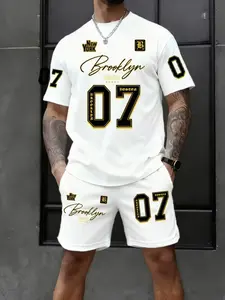 Men's Outdoor Menswear Set, Summer Trendy Short Sleeve Round Neck T-Shirt + Shorts 2 Piece Outfit Set, Quick Dry Fabric, 3D Digital Print Vintage Style