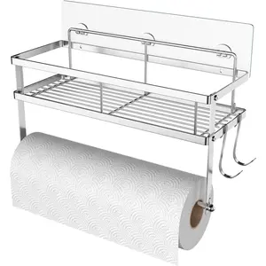 Paper Towel Holder with Shelf Storage, Adhesive Wall Mount 2-in-1 Basket Organizer for Kitchen & Bathroom, Durable Metal Wire Design, Stainless Steel 304 Brushed Nickel Finish