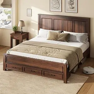 AMERLIFE Farmhouse Bed Frame with 52.2" Tall -Panel Headboard & Footboard, Wood Platform Bed Frame with 3 Large Storage Drawers, Noiseless, No Box Spring Needed
