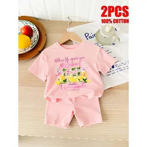 2PCS Set New Summer Girl Children's Clothing When Life Gives You Lemons Make Lemonade Short Sleeved 100% Cotton T-Shirt and Shorts 2 Pcs Set Perfect for Outdoor Perfect for Outdoor