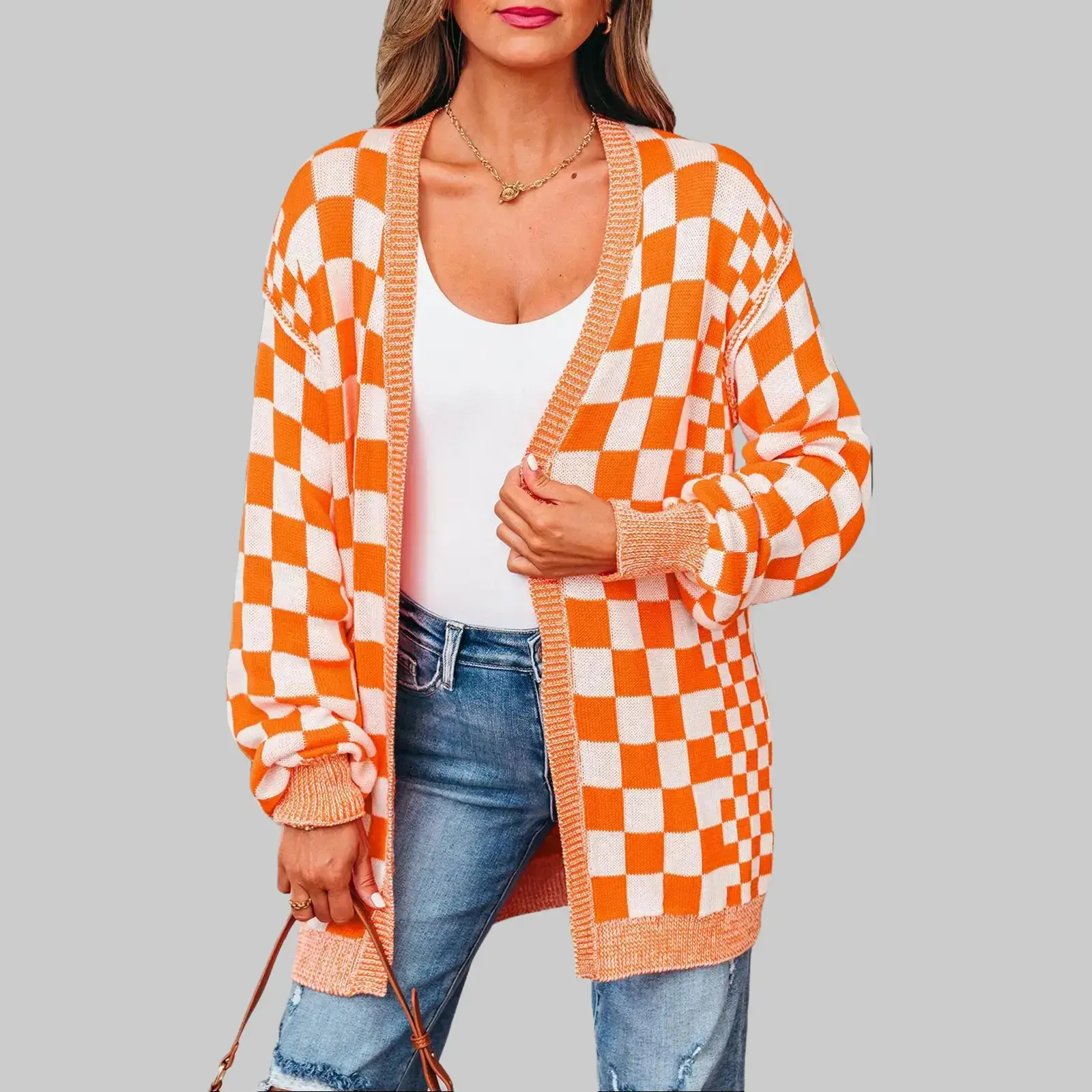 Women's S-4X Plus Size Orange Plaid Cardigan - Soft Knit Open Front Top with Drop Shoulder Bubble Sleeves, Loose Fit Plaid Top