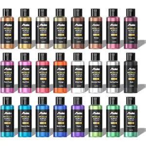 Metallic  Paint, Set of 24 Metallic Colors in 2oz/60ml Bottle, Rich Pigments, Non Fading, Non  Paints for Artist, Beginners &  Painting on Rocks Crafts Canvas , Fabric&Stone