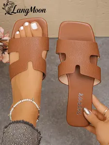 Langmoon 2026 Alligator Pattern Hollow Out Square Toe Sandals, PU Leather & Rubber Sole, Comfortable Anti-Slip Design for Spring Summer, Pu Leather Slides