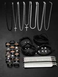 Men's Fashion Jewelry Set, Casual Trendy Cross  Charm Necklace  & Braided Bracelet & Earrings & Rings & Chain Bracelet, Hip Hop Fashion Jewelry Set for Party & Daily Decor