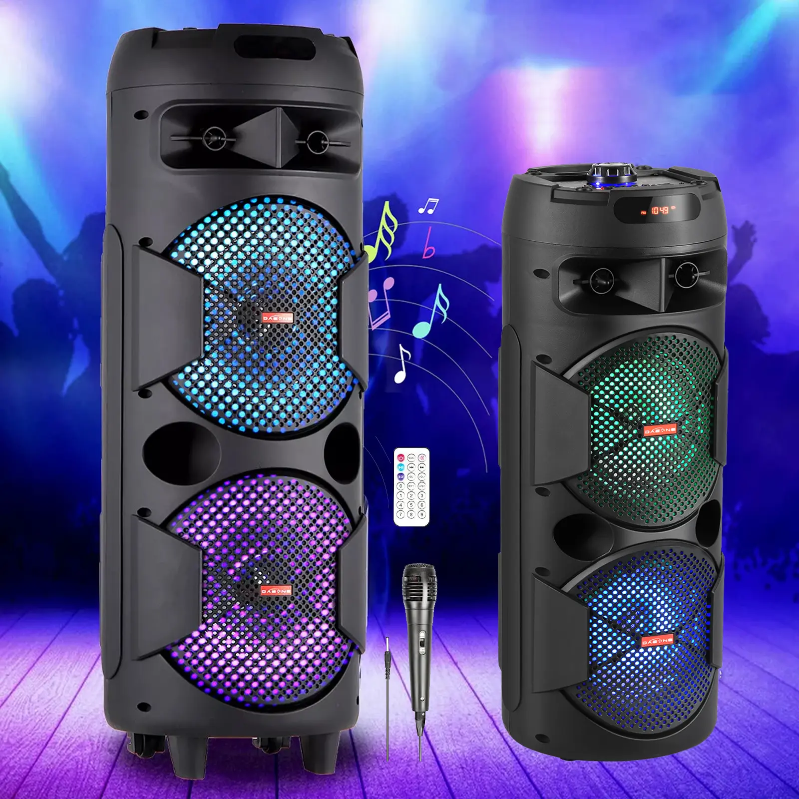 Dazone Bluetooth Karaoke Speaker, Double 8“/6" Subwoofer, Huge 105dB Sound/ Colorful LED Lights/Microphone/Remote Control Audio Portable