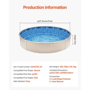 VEVOR Pool Liner, 33ft Round Pool Liner, Uinbead Style, Durable Vinyl Pool Liner, Standard Gauge, 52in Wall Height, Pool Liner Replacement for Steel Sided Above-Ground Swimming Pools