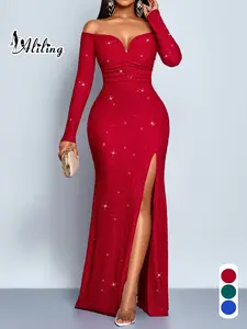 Aliling Christmas Dresses Women's Elegant Long Sleeve Ruffle Dress, Shoulder-Exposed Plain Design, Slim Fit Fall & Winter Fashion, Super Long A-Line Style