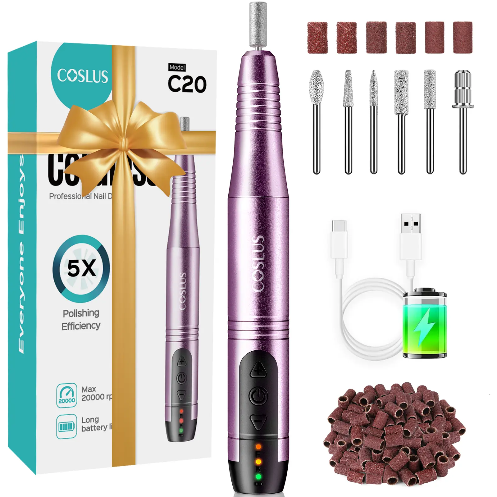COSLUS C20 Professional Electric Nail Drill Kit - Cordless Rechargeable with 6 Bits & 60 Sanding Bands for Acrylic Gel Nails - Lightweight Portable for DIY Manicure Pedicure - Quiet Low Heat Design - Ideal for Home Salon Use