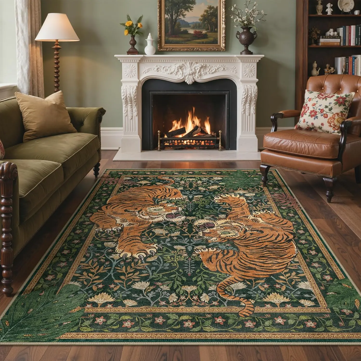 【Deals For You Days】GENIMO Tiger Area Rugs Boho Vintage Oriental Living Room Rug, Non Slip Washable Rug Stain Resistant, Low Pile Thin Soft Green Rug, Botanical Animal Carpet for Bedroom, Dining Room, Office, Dorm